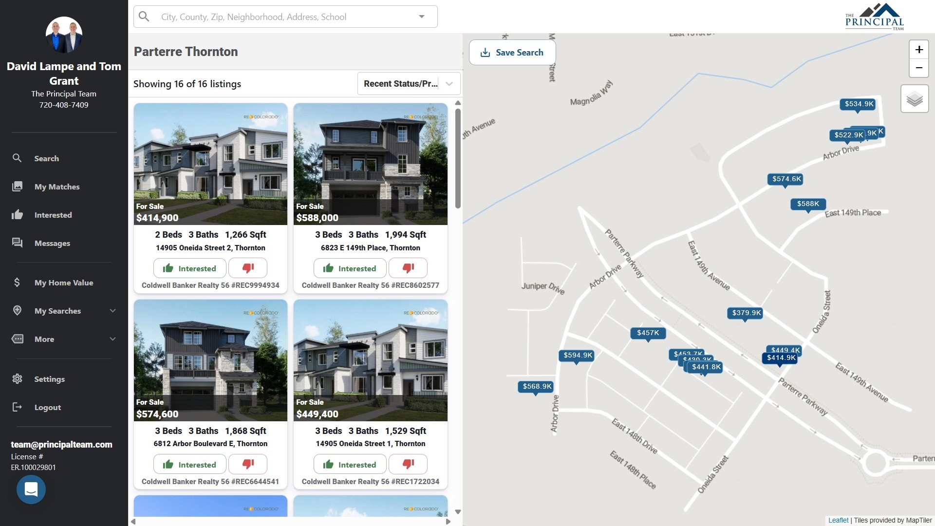 Live Parterre home search interface showing 16 active listings in Thornton, Colorado, including new-construction homes from the high $400s to the high $700s, with map view and gallery of properties